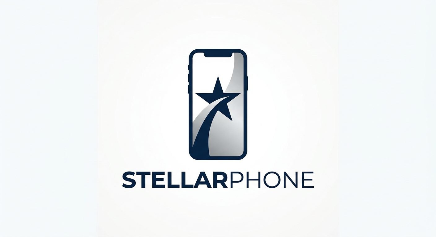StellarPhone logo: star and swoosh inside a navy handset outline